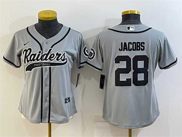 Women%27s Las Vegas Raiders #28 Josh Jacobs Gray With Patch Cool Base Stitched Baseball Jersey->women nfl jersey->Women Jersey